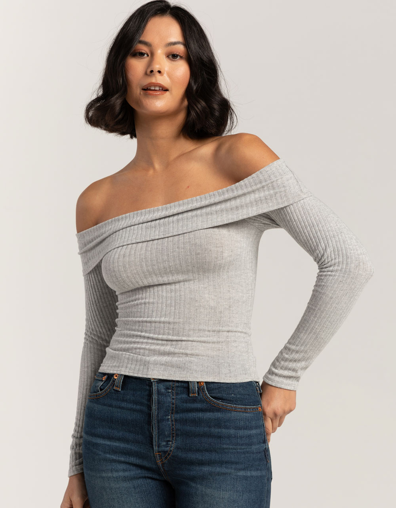 FULL TILT Fold Over Rib Off The Shoulder Womens Top image number 0