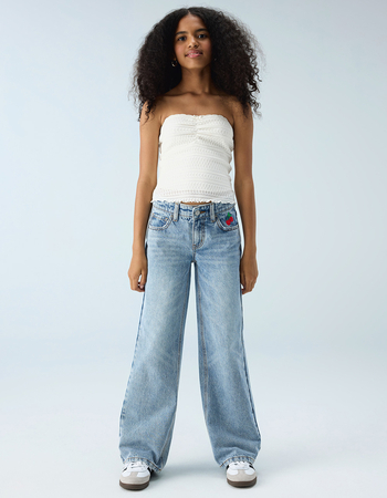 RSQ Girls Embroidered Cherry Pocket Wide Leg Jeans Primary Image