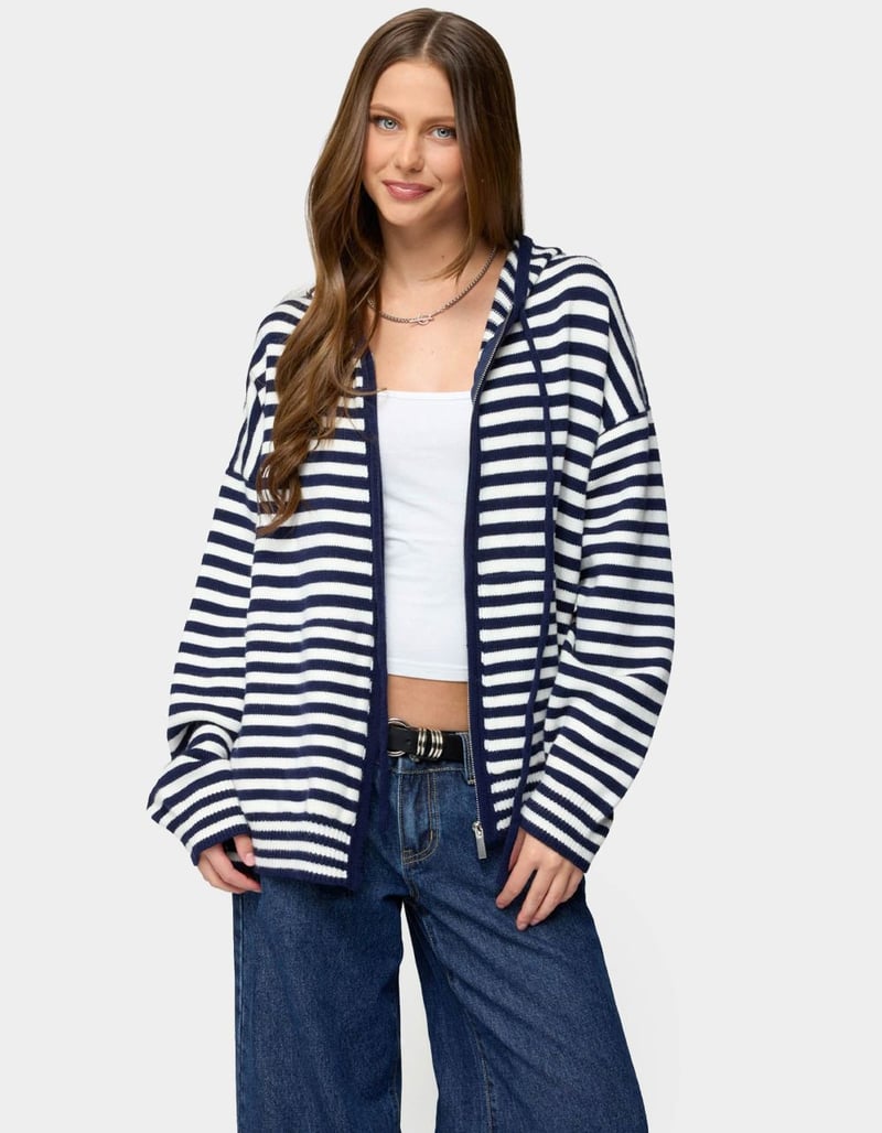 EDIKTED Safari Striped Knit Zip Up Hoodie image number 1