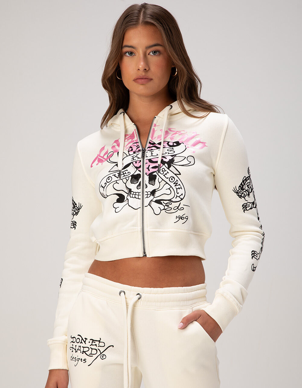 ED HARDY Love Kills Slowly Womens Zip-Up Hoodie - IVORY - M | Tillys