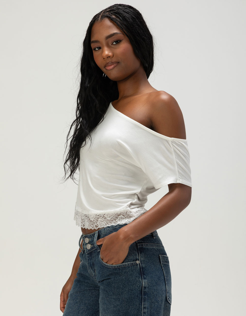 FULL TILT Womens Lace Trim Banded Bottom Off The Shoulder Top image number 2