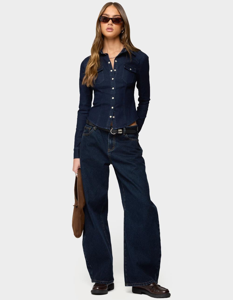 EDIKTED Shylo Stretchy Denim Button Up Shirt image number 4