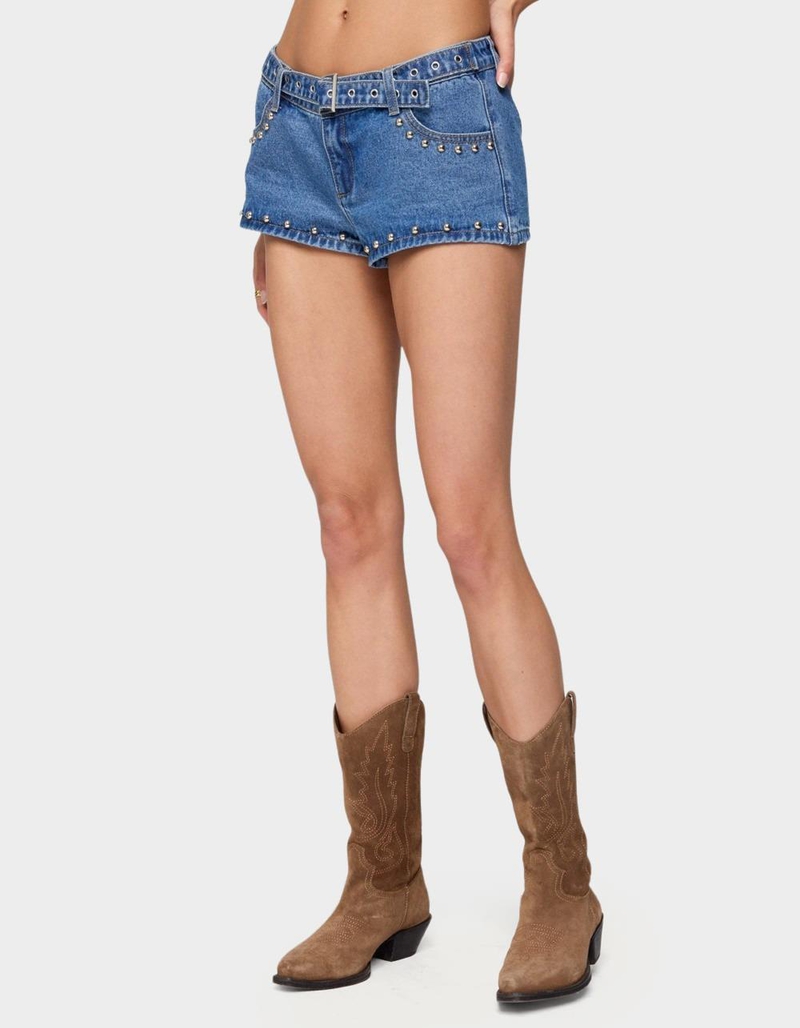 EDIKTED Grommet & Stud Denim Micro Shorts image number 1