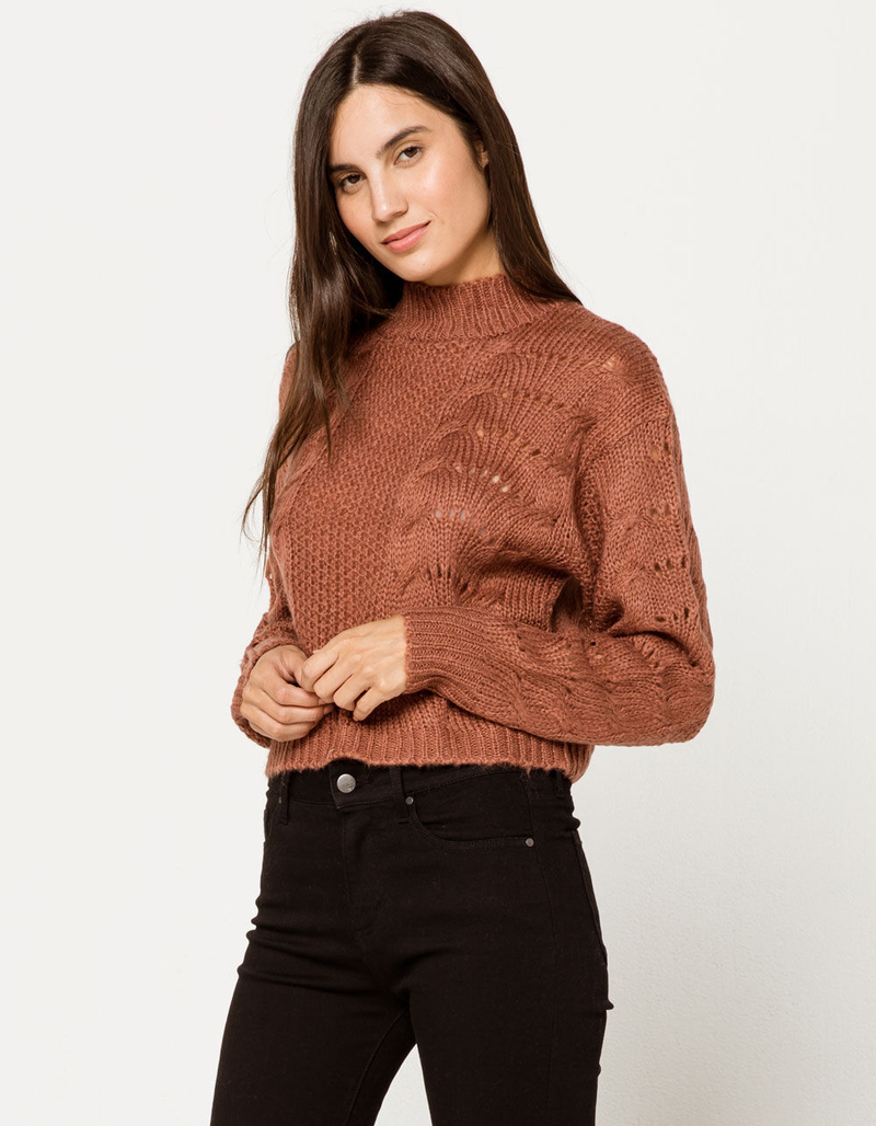 WOVEN HEART Open Text Mock Neck Rust Womens Crop Sweater image number 2