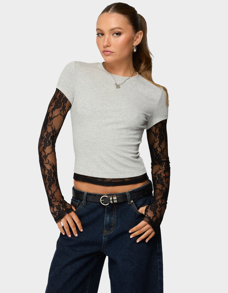EDIKTED Layered Lace Sleeve Tee image number 0