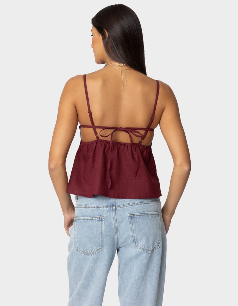 EDIKTED Linen Look Open Back Top DK RED Tillys