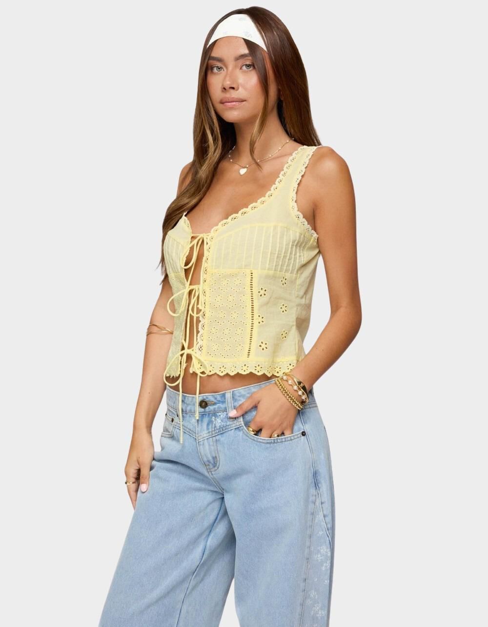 EDIKTED Fiore Eyelet Tie Front Top - YELLOW - XS | Tillys
