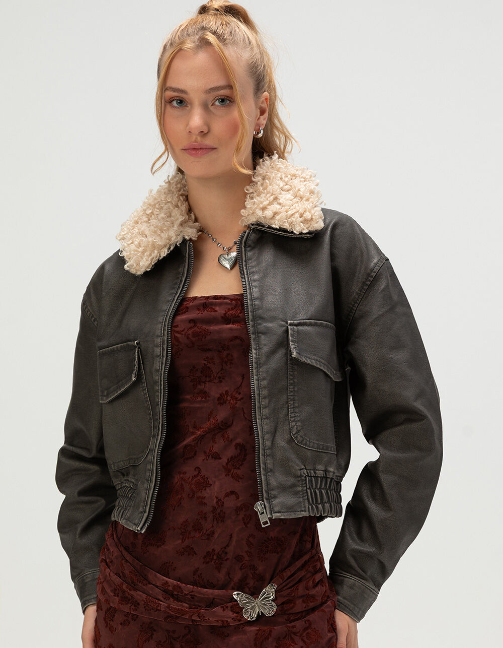 WEST OF MELROSE Womens Sherpa Collar Crop Faux Leather Jacket