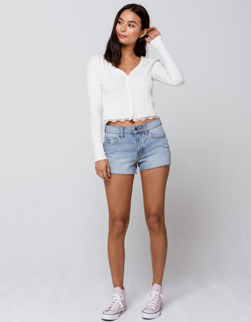 SKY AND SPARROW Lace Trim Button Front Womens Ivory Knit Top image number 4