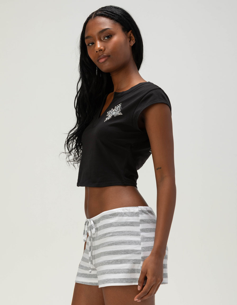 TRUE RELIGION Crystal Logo Crest Womens Notch Crop Baby Tee image number 2