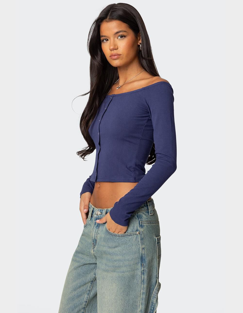EDIKTED Off Shoulder Button Up Top - NAVY | Tillys