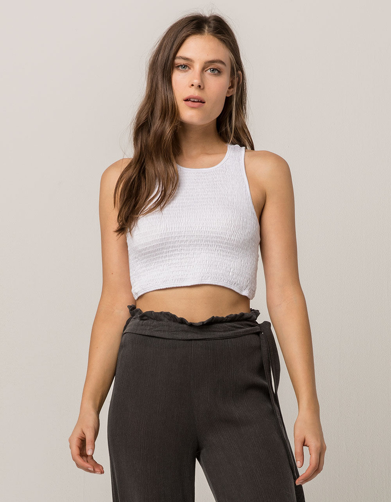 SKY AND SPARROW Smocked Cross Back White Womens Tank Top image number 1