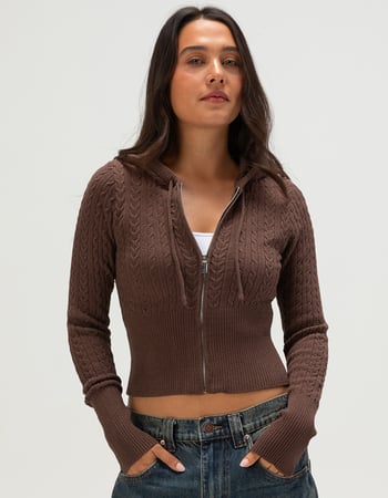 RSQ Womens Cable Knit Zip-Up Hooded Sweater Primary Image