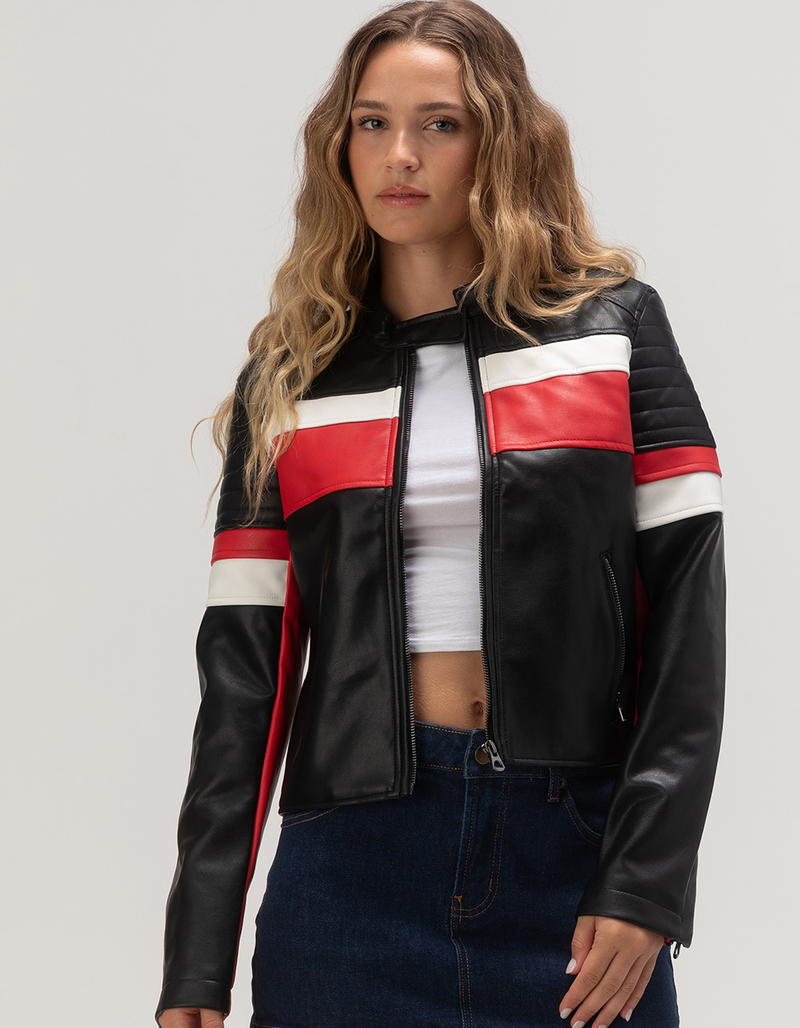 ASHLEY Stripe Racing Faux Leather Womens Jacket image number 0