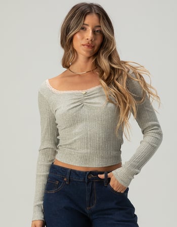 RSQ Womens Lace Trim Texture Long Sleeve Top Alternative Image