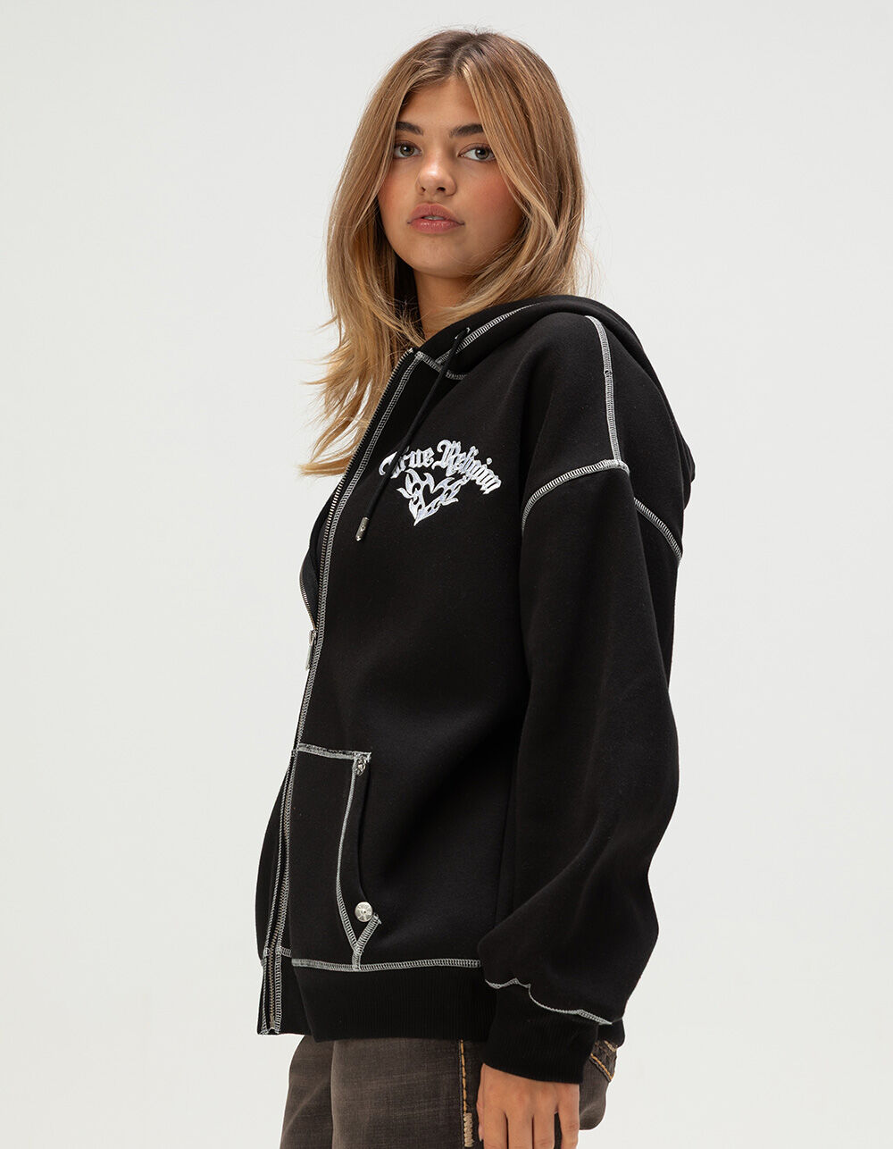 TRUE RELIGION Winged Heart Applique Womens Zip-Up Boyfriend Hoodie