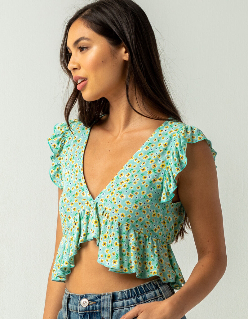 MILEY & MOLLY Ruffle Sleeve Womens Blue Crop Peplum Top image number 1