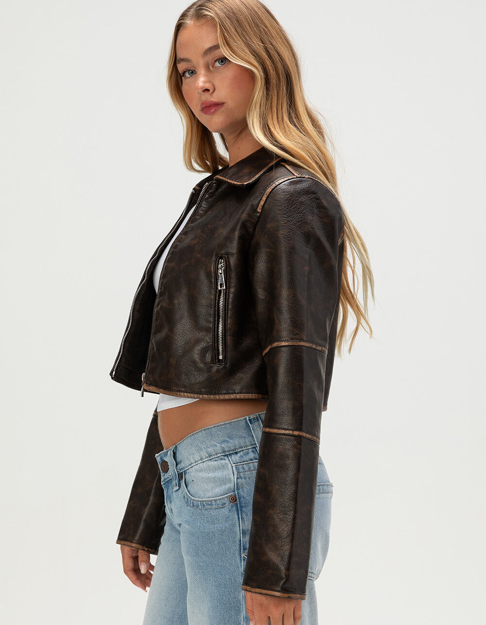 WEST OF MELROSE Womens Crop Faux Leather Jacket - BROWN - XL | Tillys