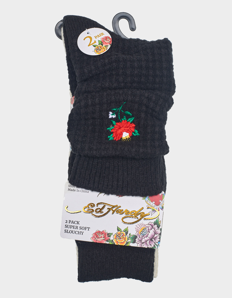 ED HARDY Rose Waffle Mid Calf 2 Pack Womens Slouchy Socks image number 2
