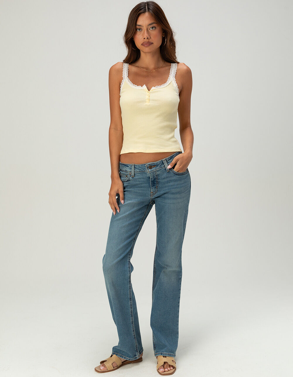 RSQ Womens Lace Trim Henley Tank Top - YELLOW | Tillys