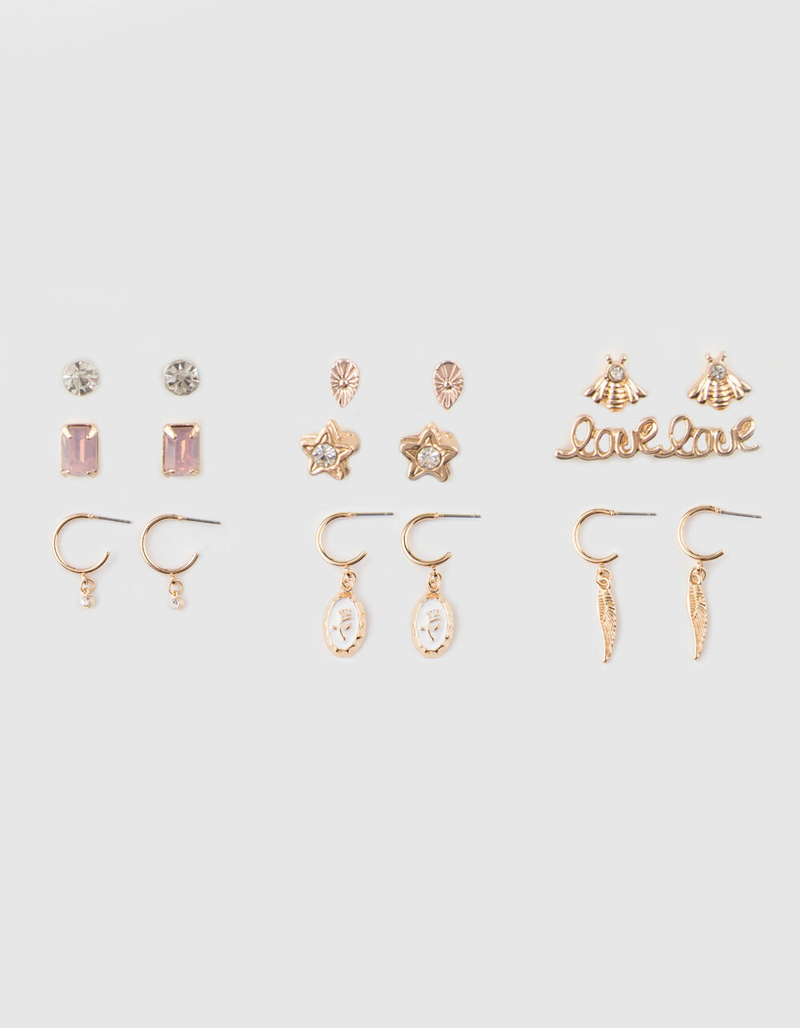 FULL TILT 9 Pairs Flower/Love/Star Earrings image number 0