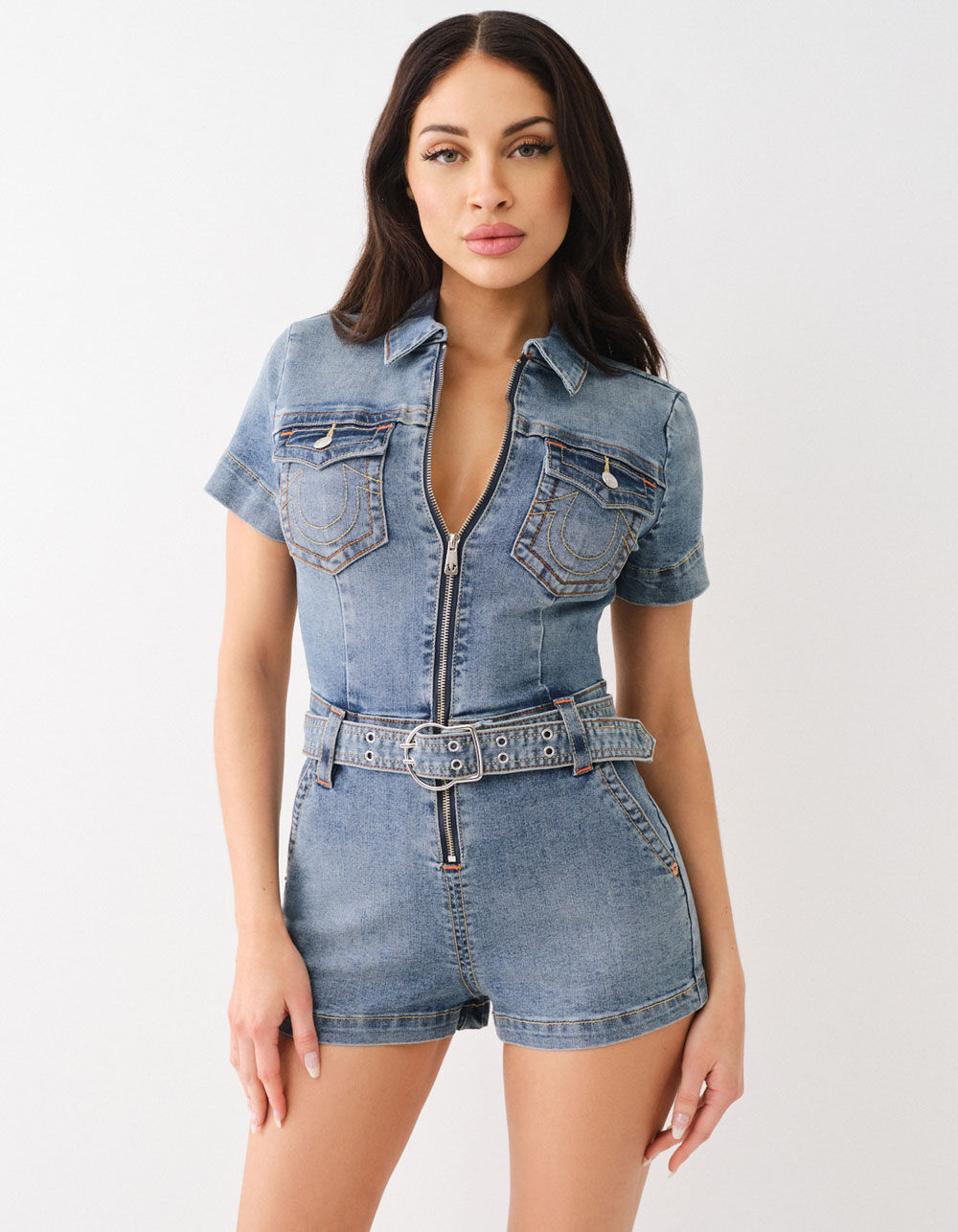 TRUE RELIGION Womens Belted Denim Zip Romper - MEDIUM WASH | Tillys
