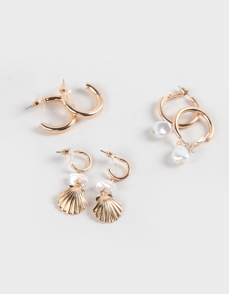 FULL TILT 3 Pack Shell/Faux Pearl Hoop Earrings image number 0
