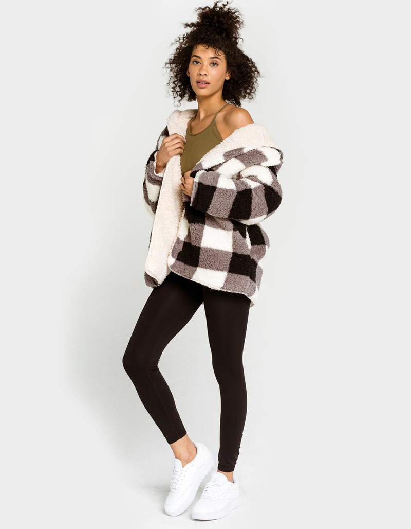 LOVE TREE Reversible Sherpa Womens Black & Ivory Hooded Jacket image number 4