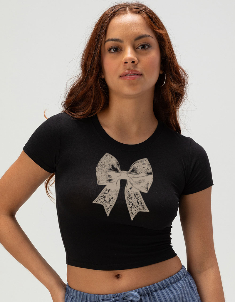 BOW Lace Distressed Womens Baby Tee image number 0