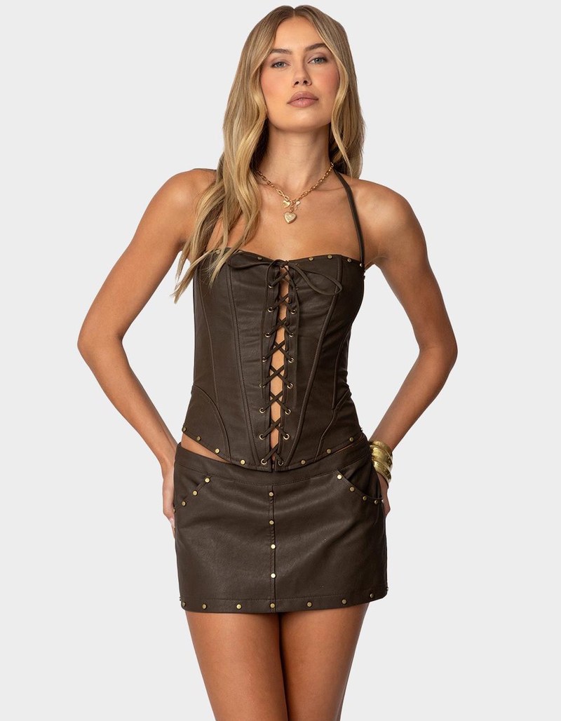 EDIKTED Stormi Lace Up Faux Leather Corset image number 0