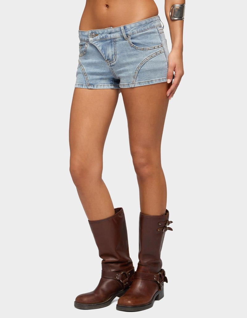 EDIKTED Western Stitch Studded Denim Micro Shorts image number 1