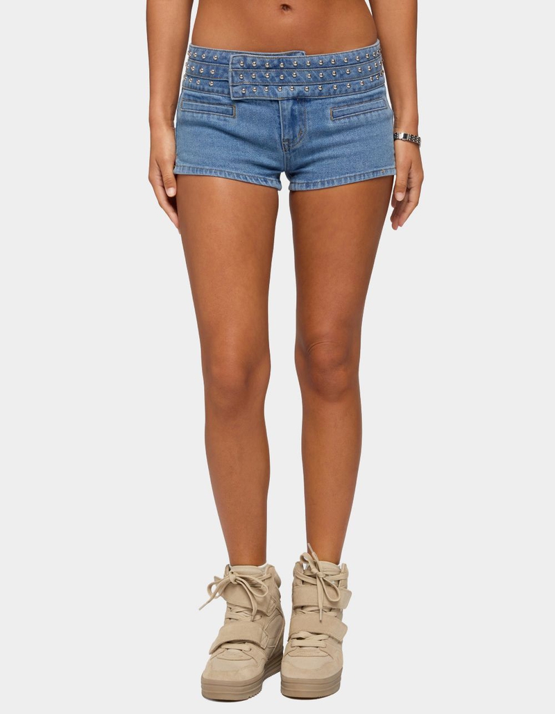 EDIKTED Odetta Studded Low Rise Denim Shorts image number 0
