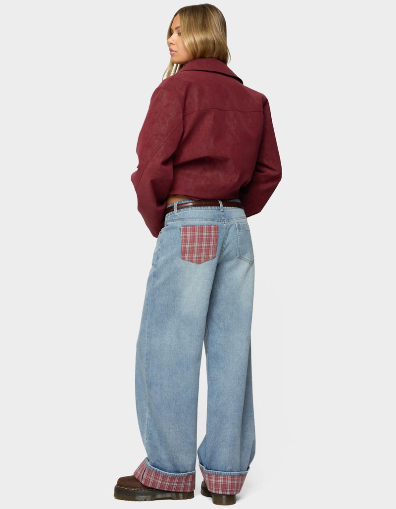 EDIKTED Plaid Cuffed Low Rise Baggy Jeans image number 3