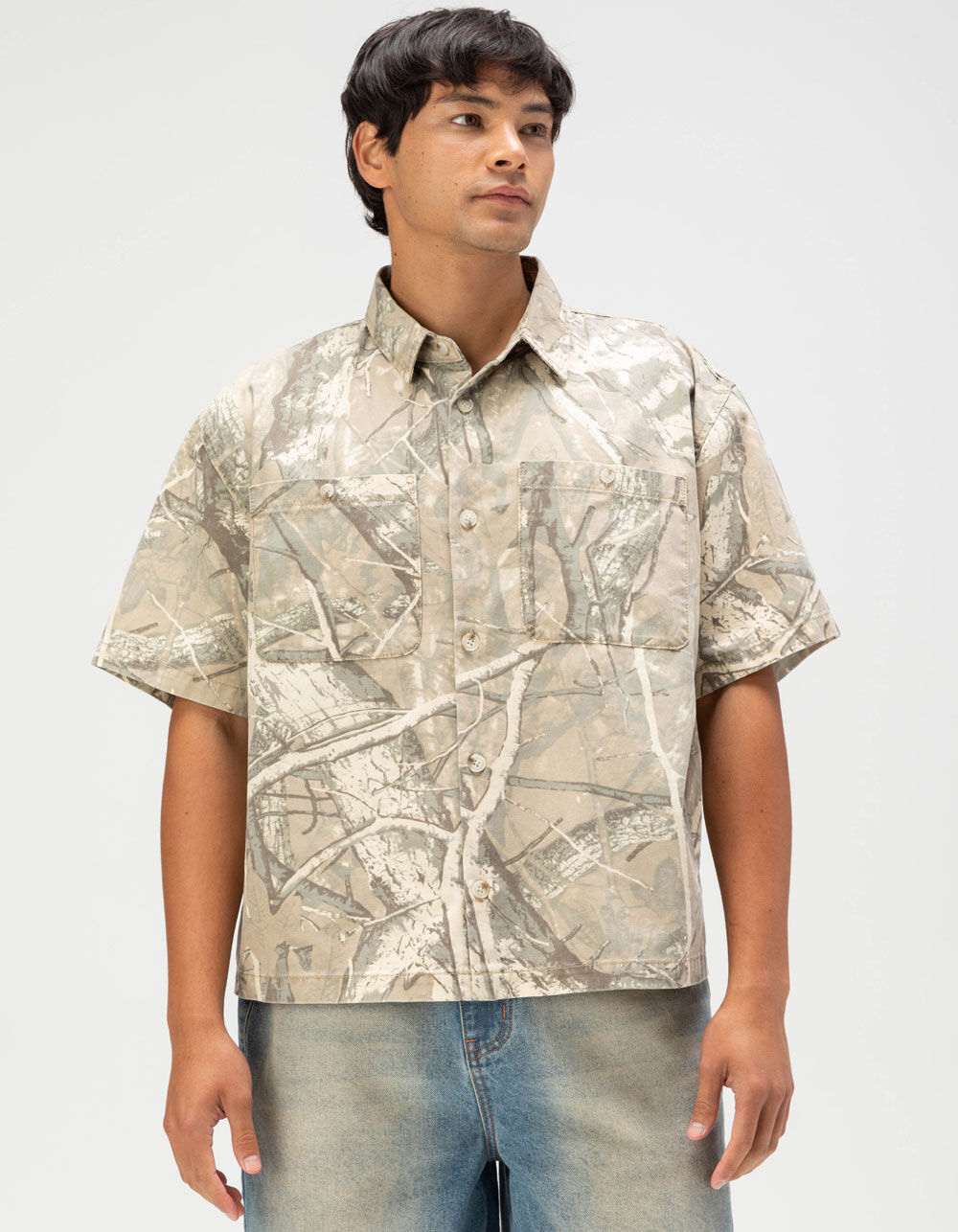 RSQ Mens Cropped Washed Twill Camo Button Up Shirt - CAMO KHAKI