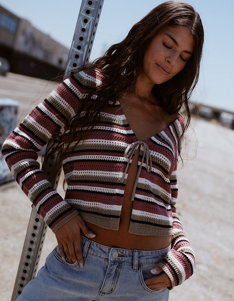 FULL TILT Stripe Open Knit Tie Front Womens Top image number 3