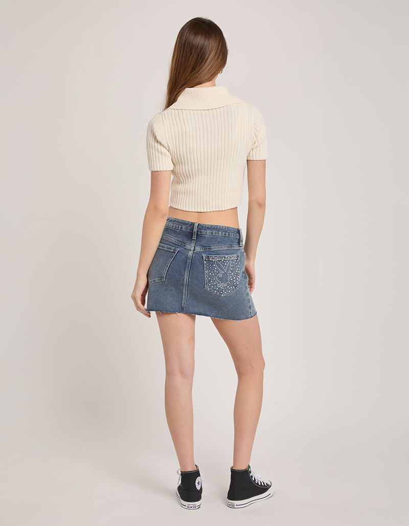 PLAYBOY Rhinestone Raw Hem Womens Denim Skirt image number 2