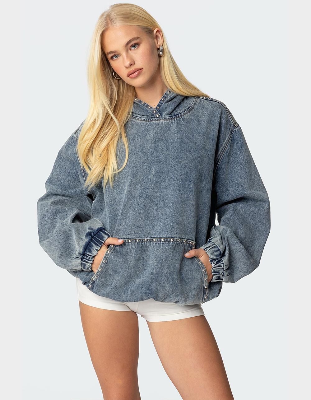 EDIKTED Marney Oversized Studded Denim Hoodie - BLUE | Tillys