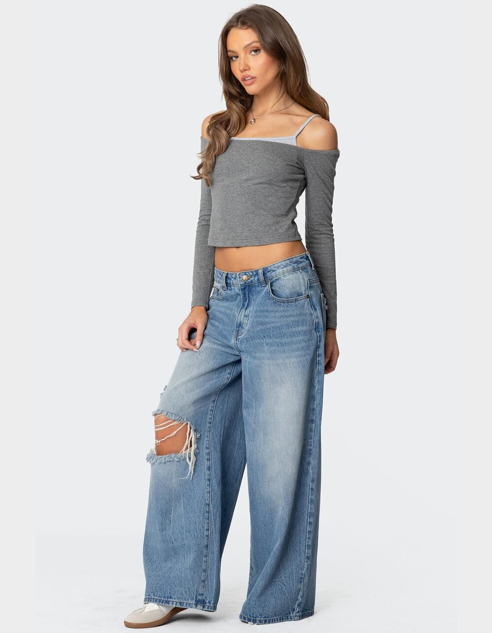 EDIKTED Off Shoulder Layered Long Sleeve Tee - GRAY | Tillys