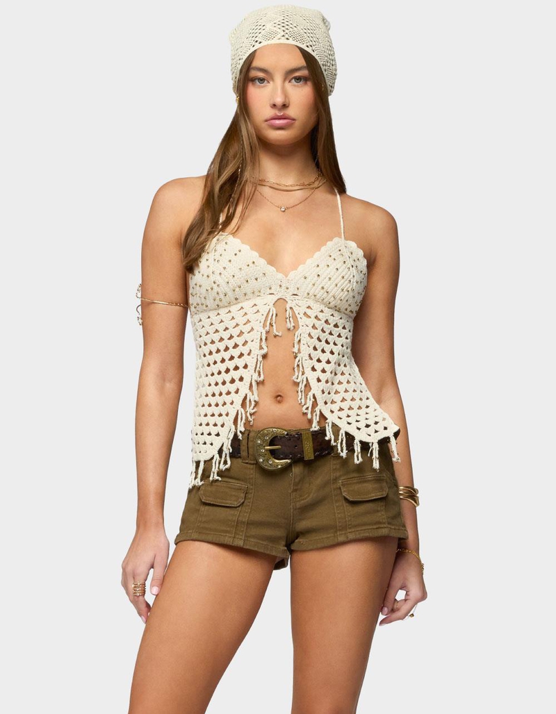 EDIKTED Maggie Bead Split Front Backless Crochet Top image number 0