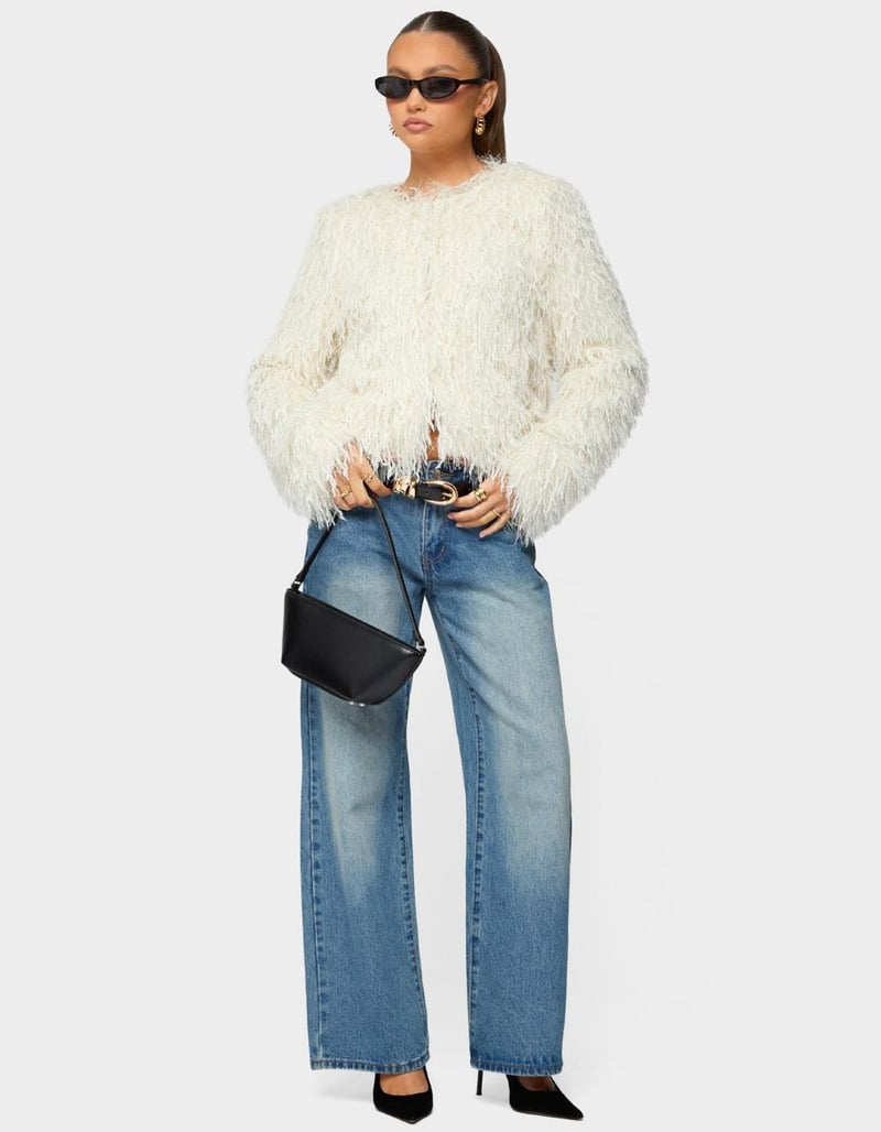 EDIKTED Aleandra Fringed Faux Feather Jacket image number 4