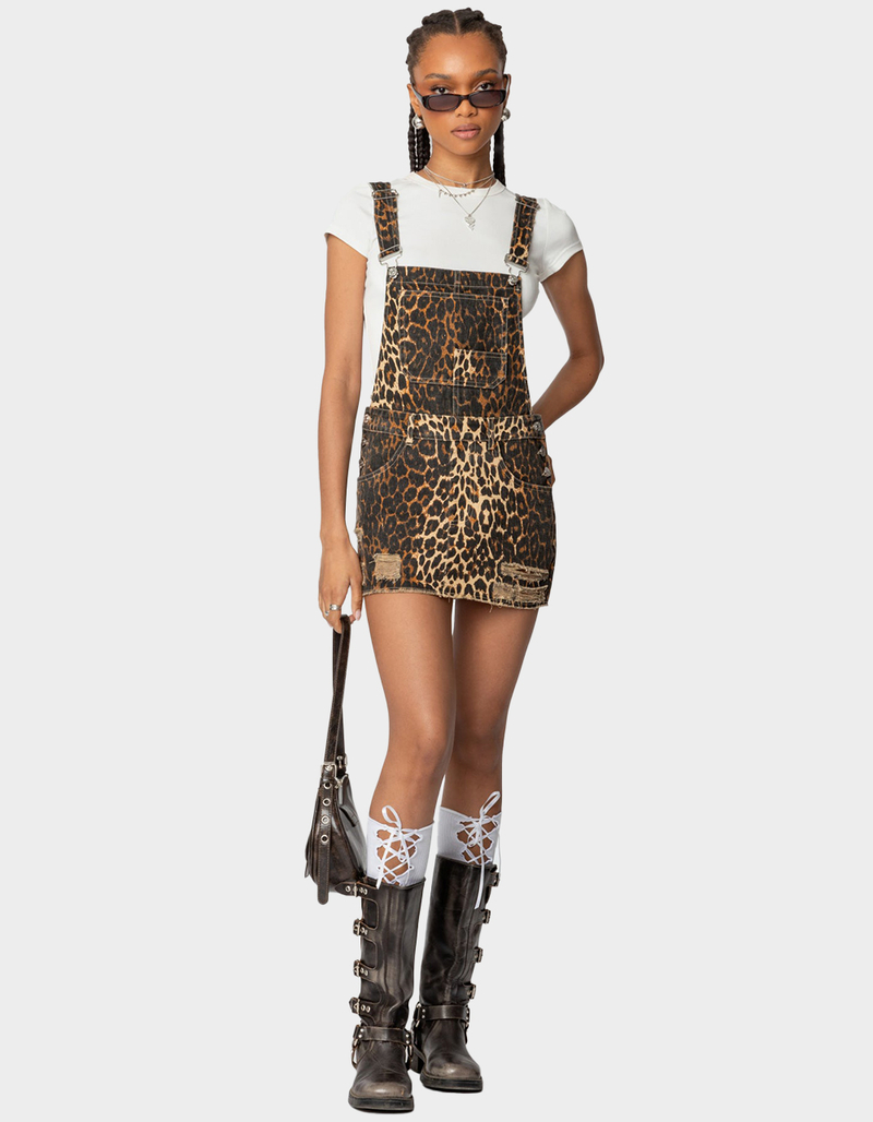 EDIKTED Leopard Denim Overall Mini Dress image number 1