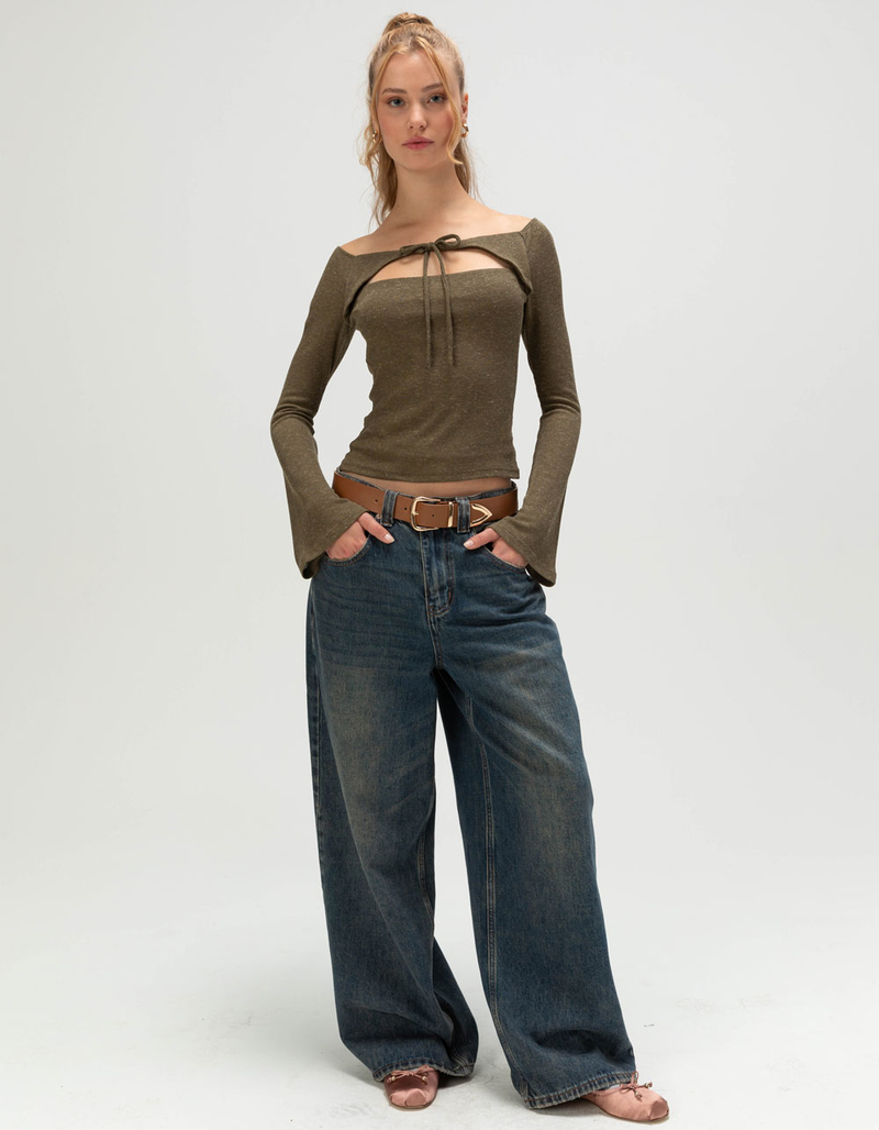 WEST OF MELROSE Womens Off The Shoulder Open Tie Front Top image number 1