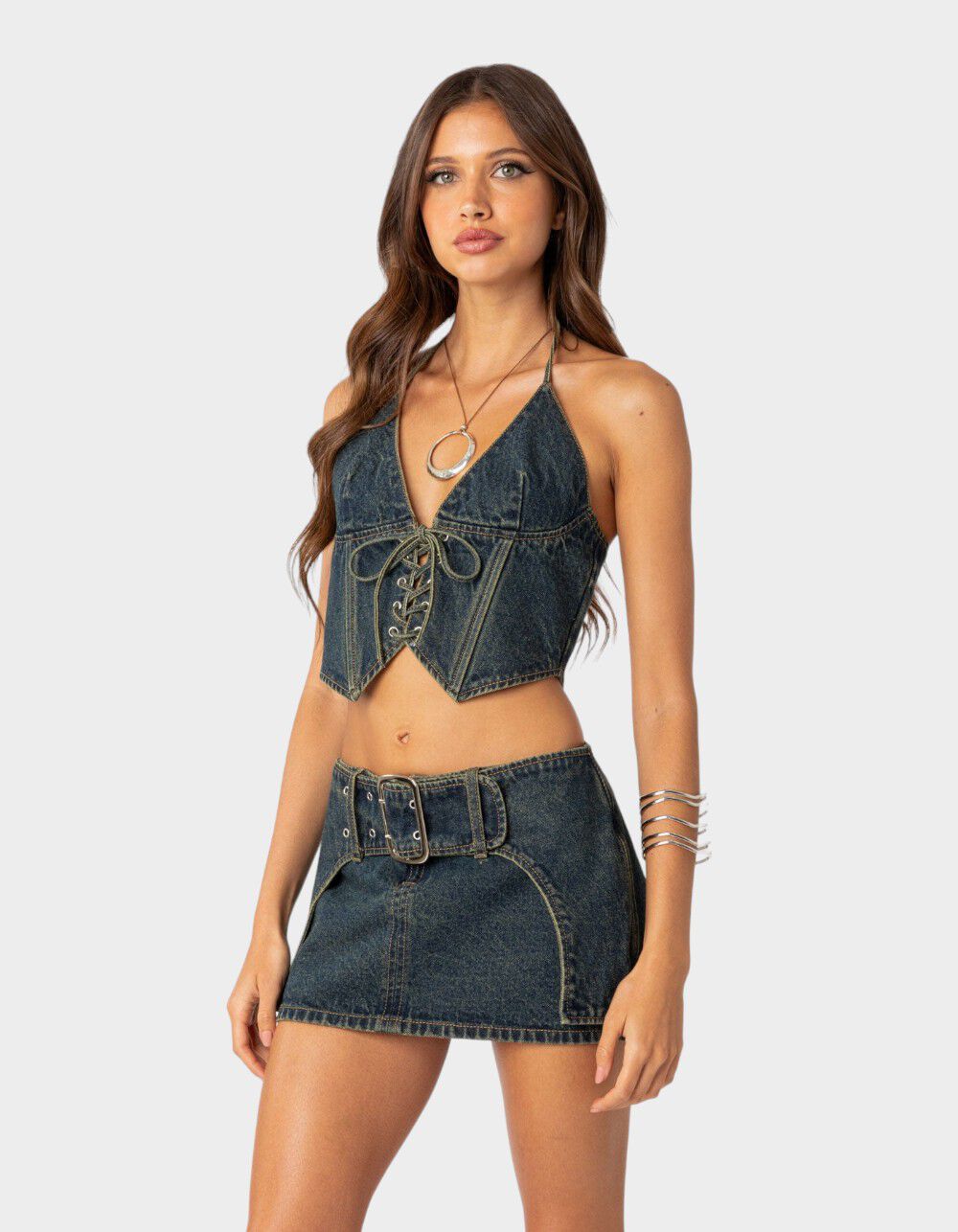 EDIKTED Elara Washed Denim Lace Up Corset - BLUE | Tillys