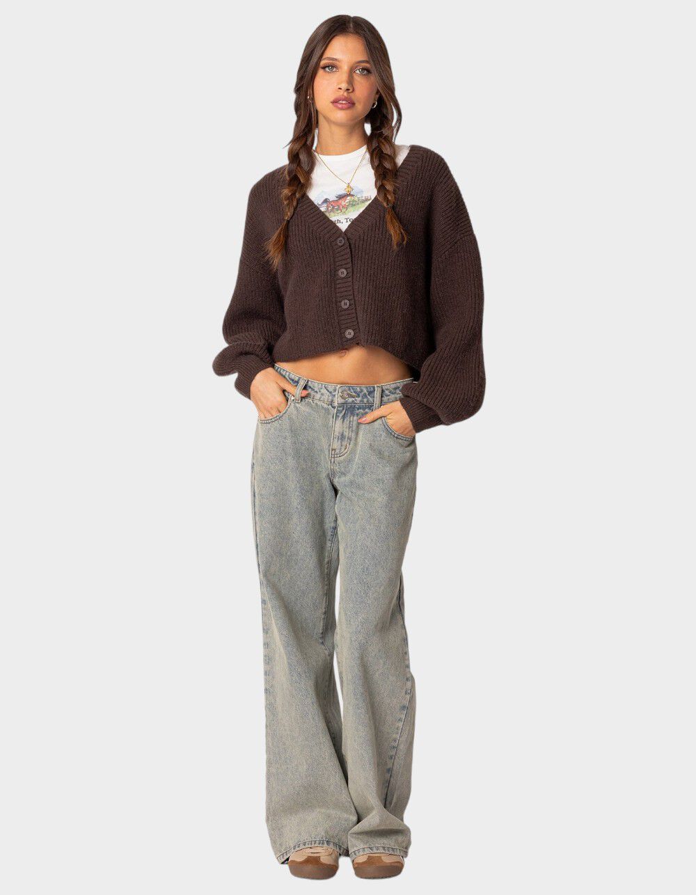 EDIKTED Sabrina Chunky Knit Cropped Cardigan - BROWN | Tillys