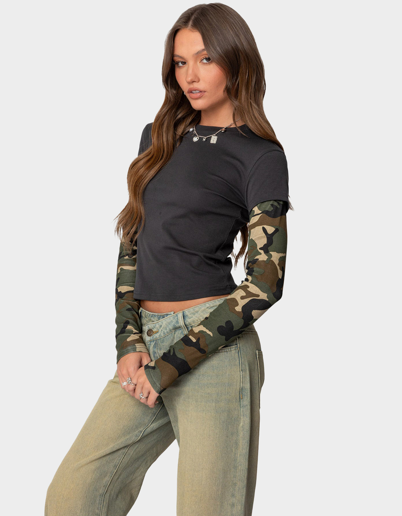 EDIKTED Camo Layered Long Sleeve Tee image number 2