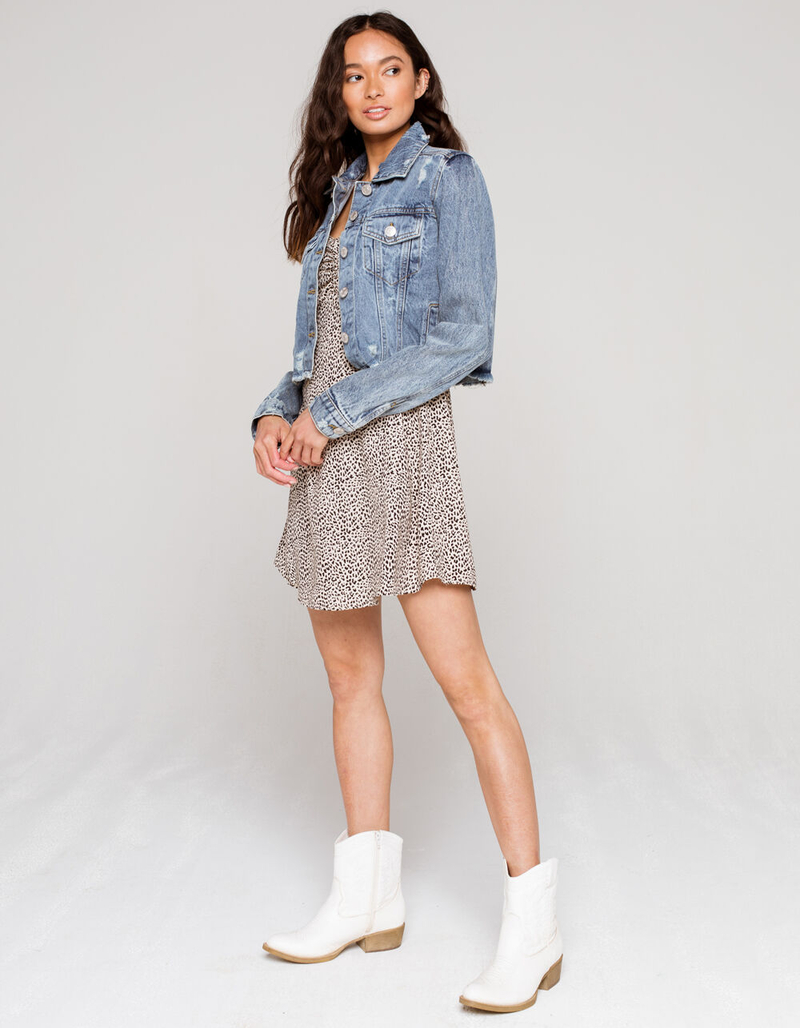 HIGHWAY Destroyed Fray Womens Cropped Denim Jacket image number 3