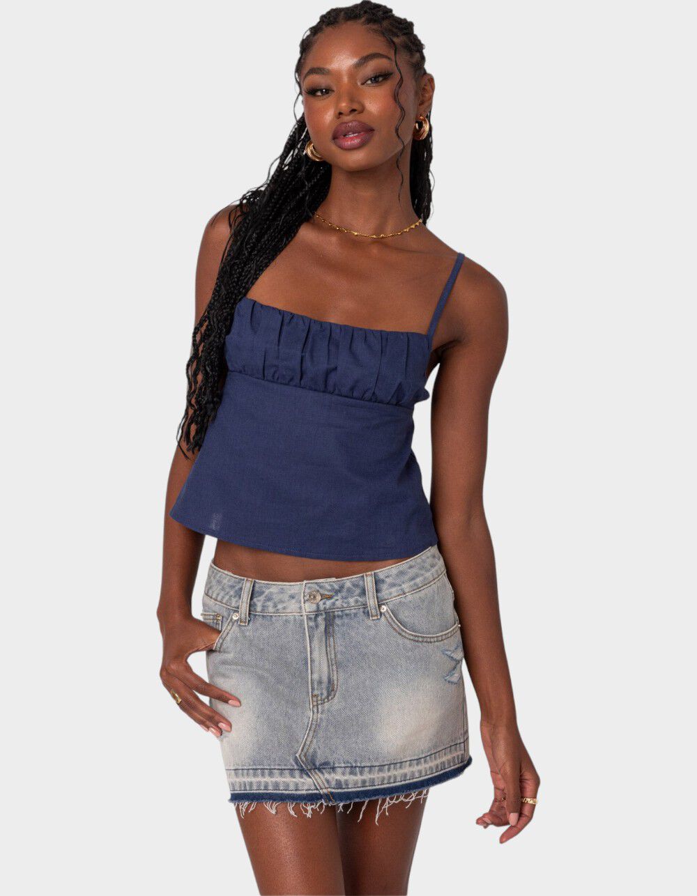 EDIKTED Linen Look Open Back Top - NAVY - M | Tillys