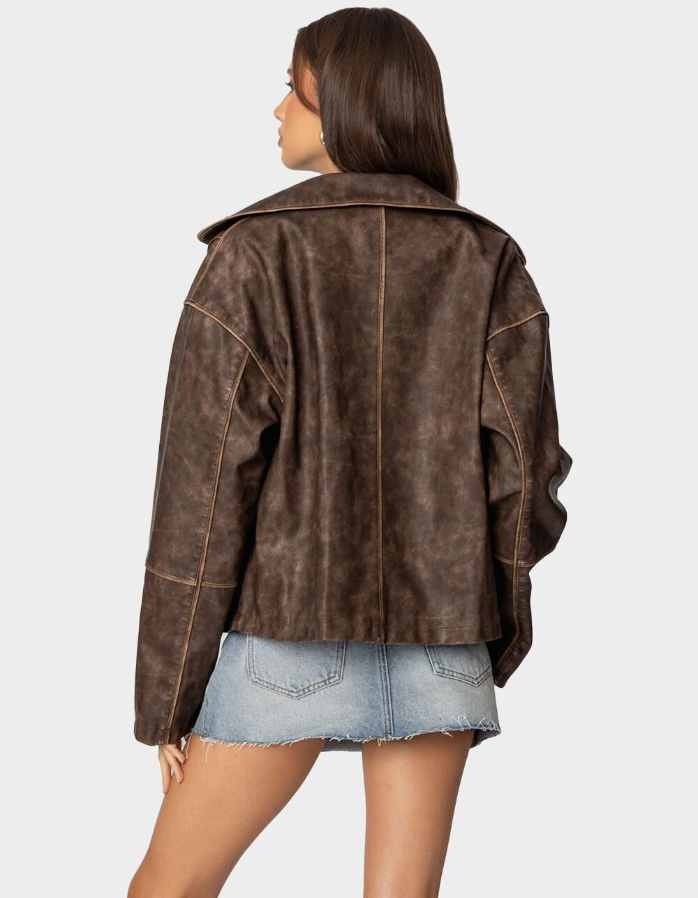 EDIKTED Oversized Washed Faux Leather Jacket - BROWN | Tillys
