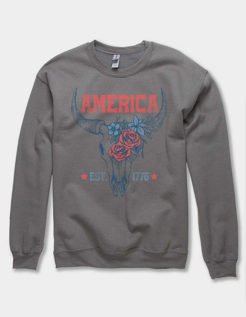 SKULL America Floral Bull Horn Unisex Crewneck Sweatshirt image number 0