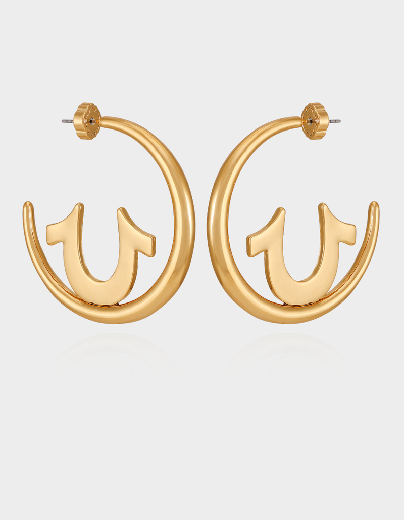 TRUE RELIGION Gold Tone Horseshoe Cut-Out Hoop Earrings image number 1